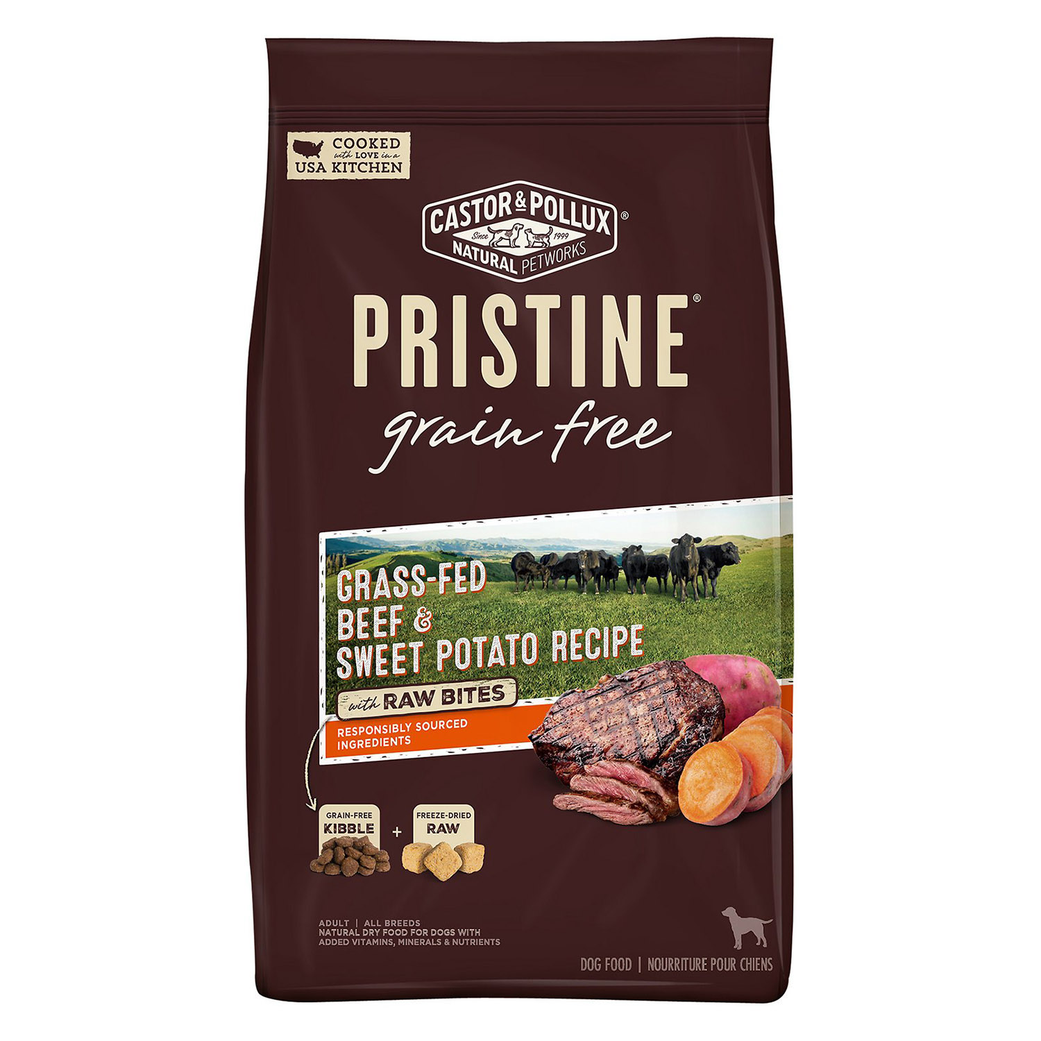 Castor & Pollux Pristine Grain-Free Grass-Fed Beef & Sweet Potato Recipe with Raw Bites Dry Dog Food